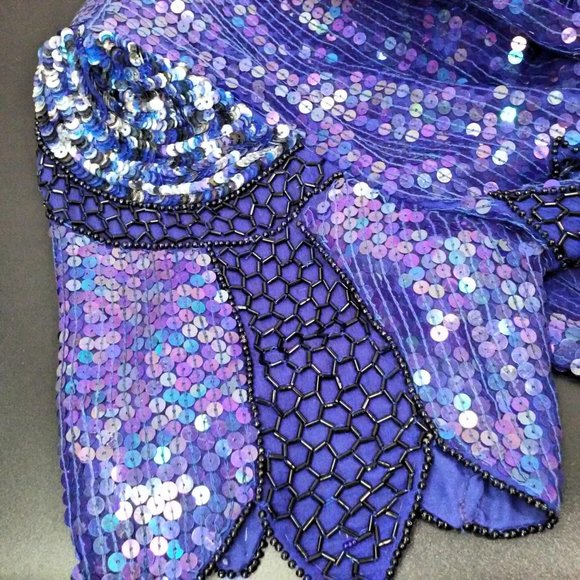 Vintage 80s Stenay India Silk Sequin Blouse Beaded Top Ladies-M Flower Leaf Blue - Picture 4 of 12